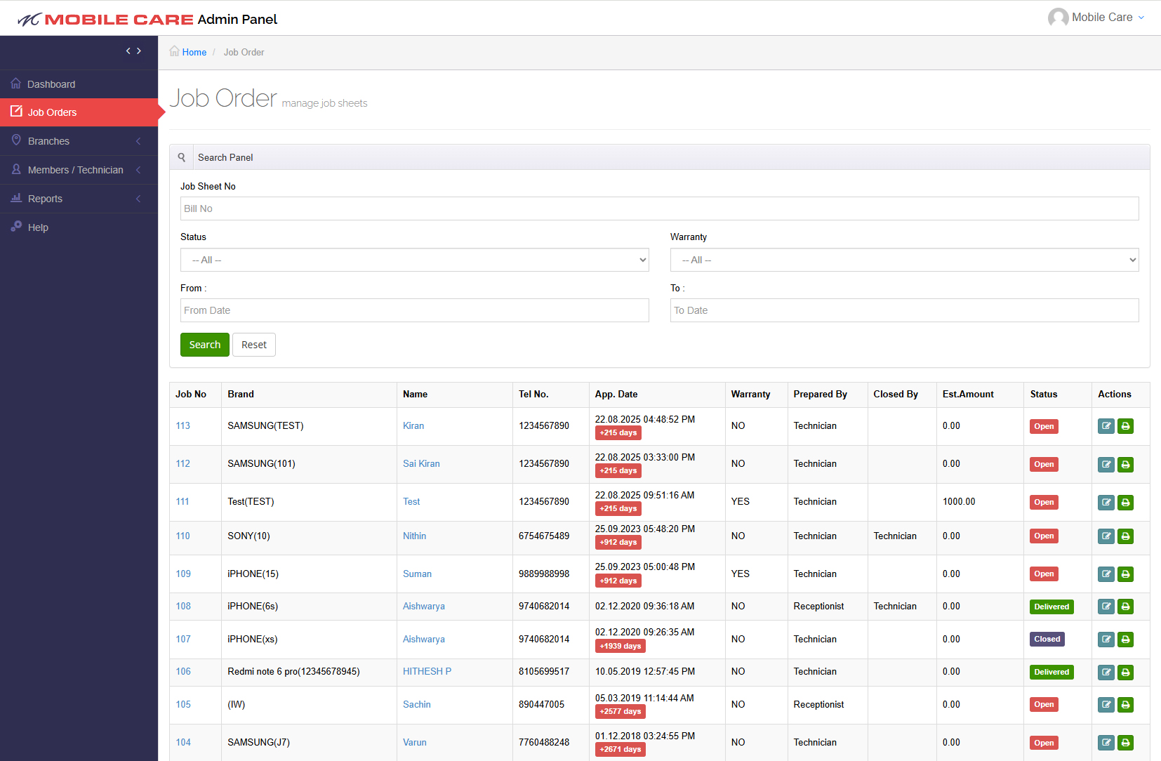 Mobile Service Dashboard